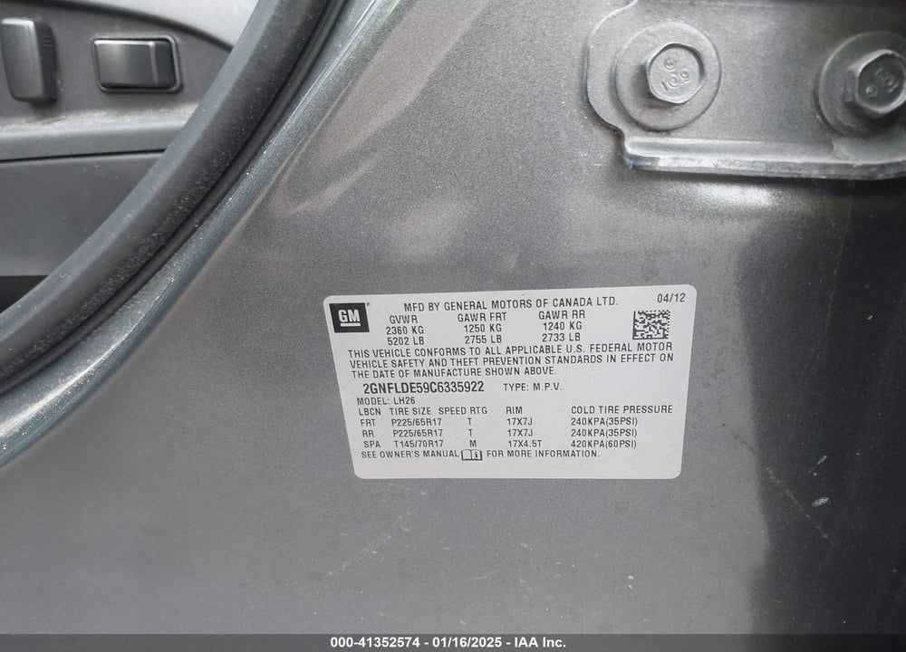 2012 CHEVROLET EQUINOX 1LT VIN: 2GNFLDE59C6335922