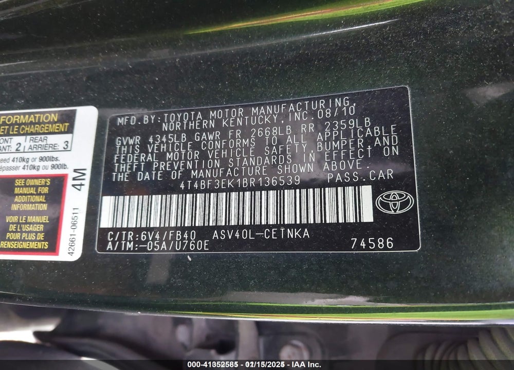 2011 TOYOTA CAMRY LE VIN: 4T4BF3EK1BR136539