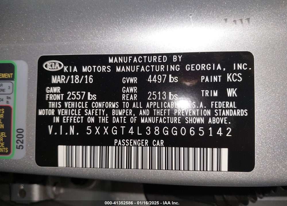 2016 KIA OPTIMA LX VIN: 5XXGT4L38GG065142