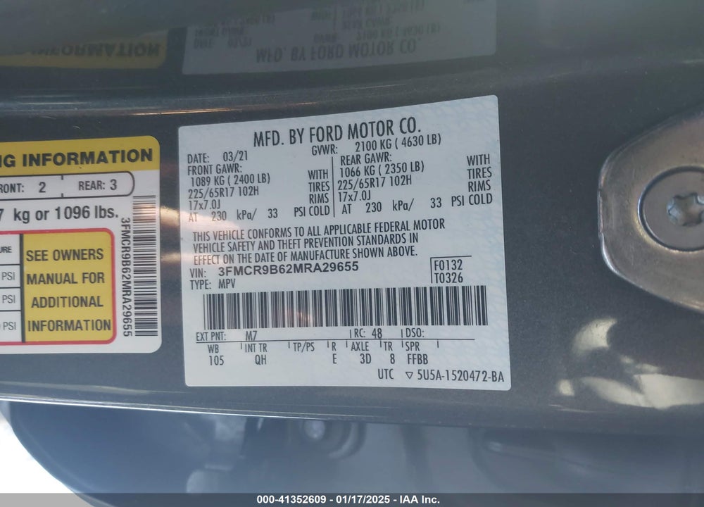 2021 FORD BRONCO SPORT BIG BEND VIN: 3FMCR9B62MRA29655