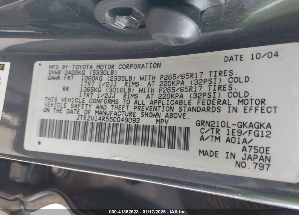 2005 TOYOTA 4RUNNER SR5 V6 VIN: JTEZU14R550049093