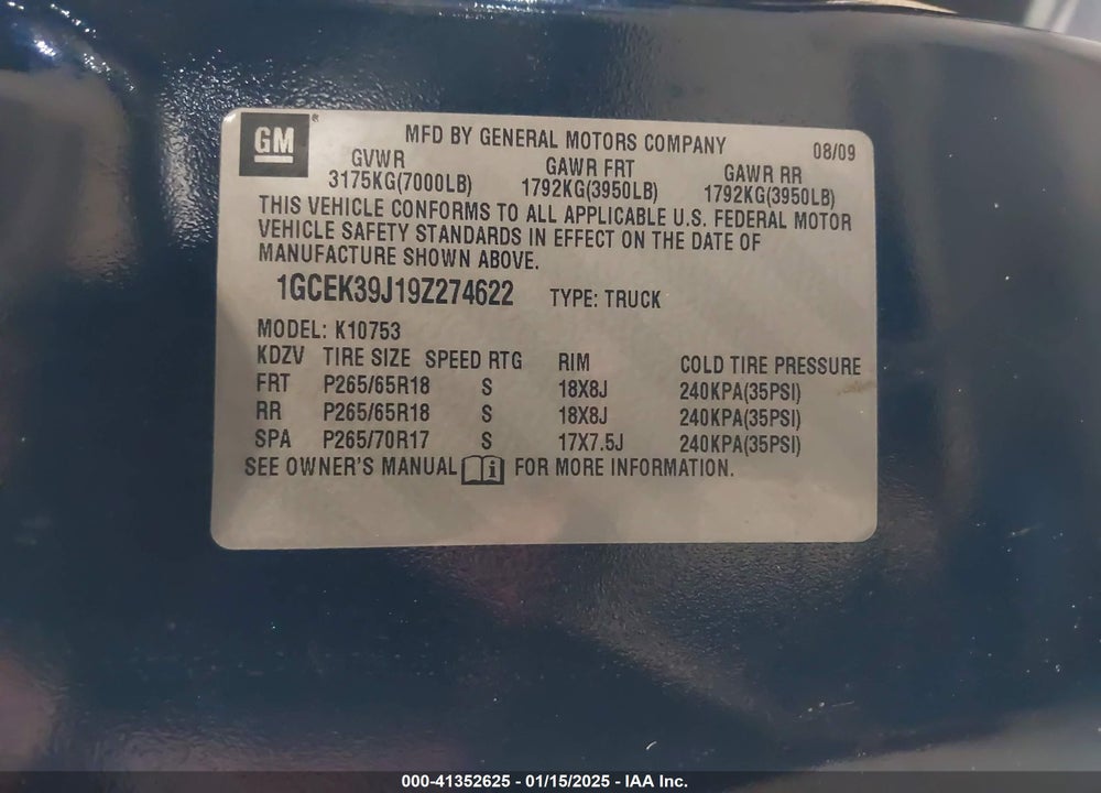 2009 CHEVROLET SILVERADO 1500 LTZ VIN: 1GCEK39J19Z274622