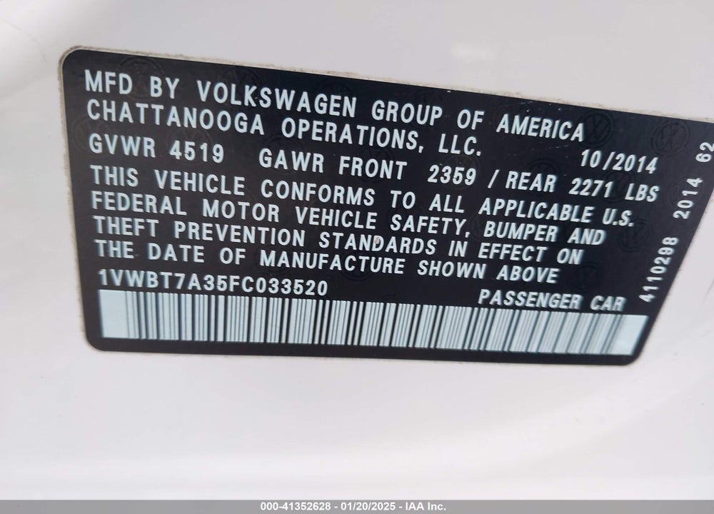 2015 VOLKSWAGEN PASSAT 1.8T SE VIN: 1VWBT7A35FC033520