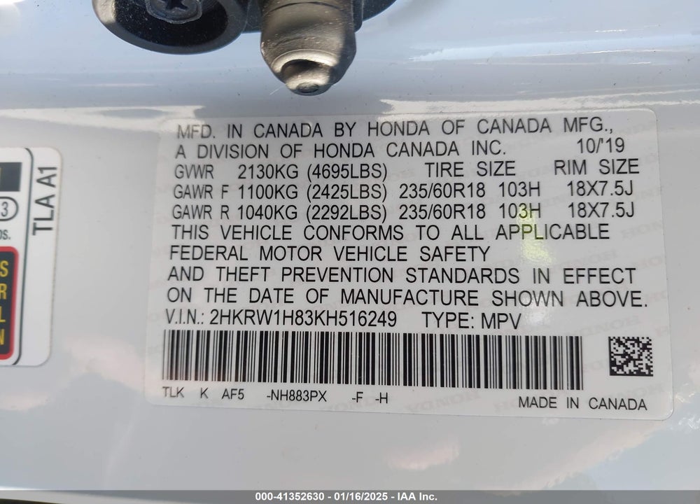 2019 HONDA CR-V EX-L VIN: 2HKRW1H83KH516249