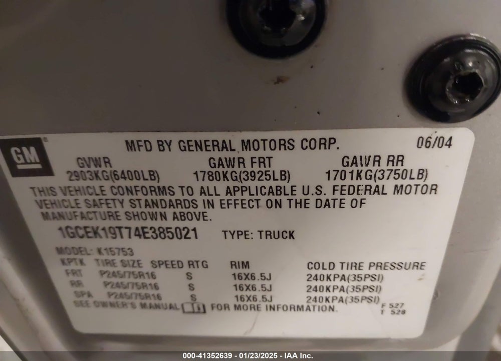 2004 CHEVROLET SILVERADO 1500 WORK TRUCK VIN: 1GCEK19T74E385021