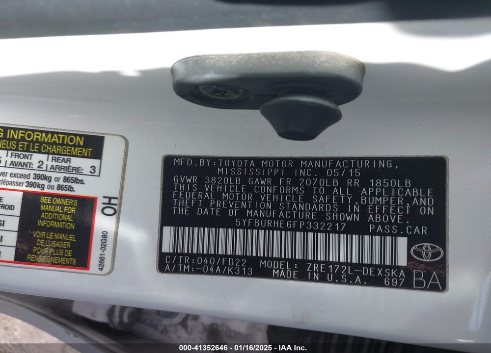 2015 TOYOTA COROLLA S PLUS VIN: 5YFBURHE6FP332217