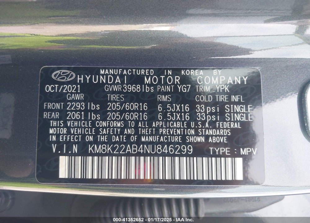 2022 HYUNDAI KONA SE VIN: KM8K22AB4NU846299