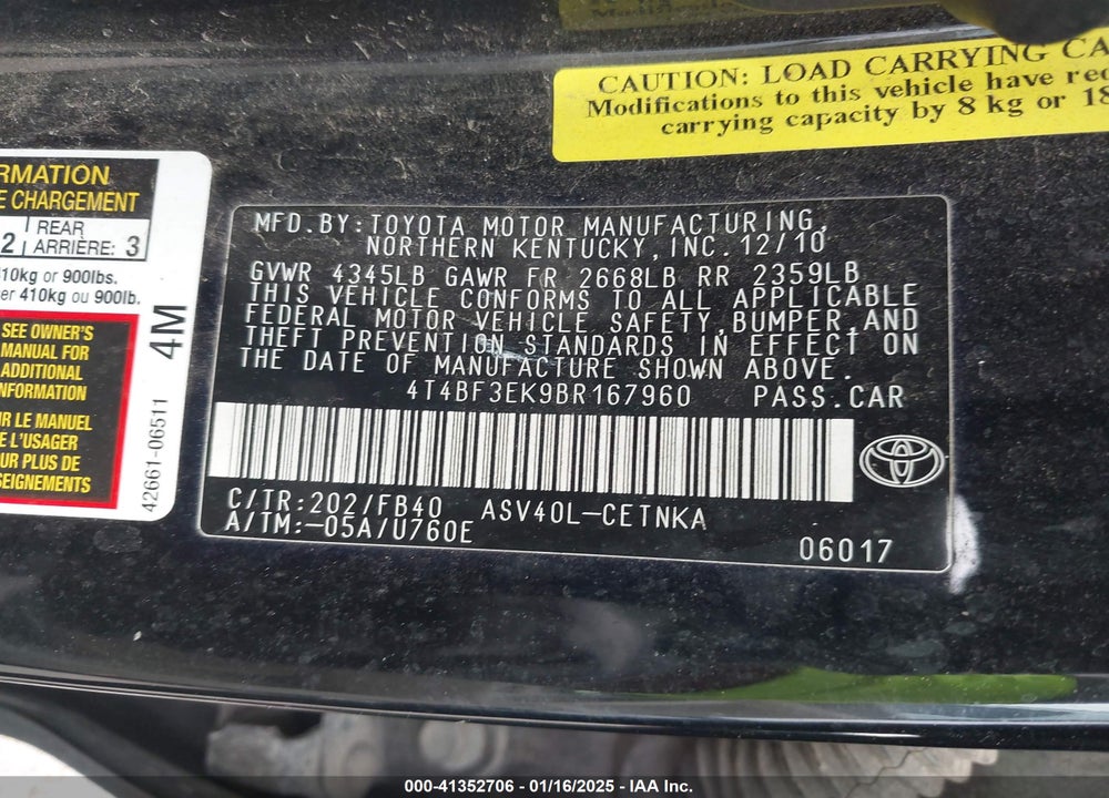 2011 TOYOTA CAMRY LE VIN: 4T4BF3EK9BR167960