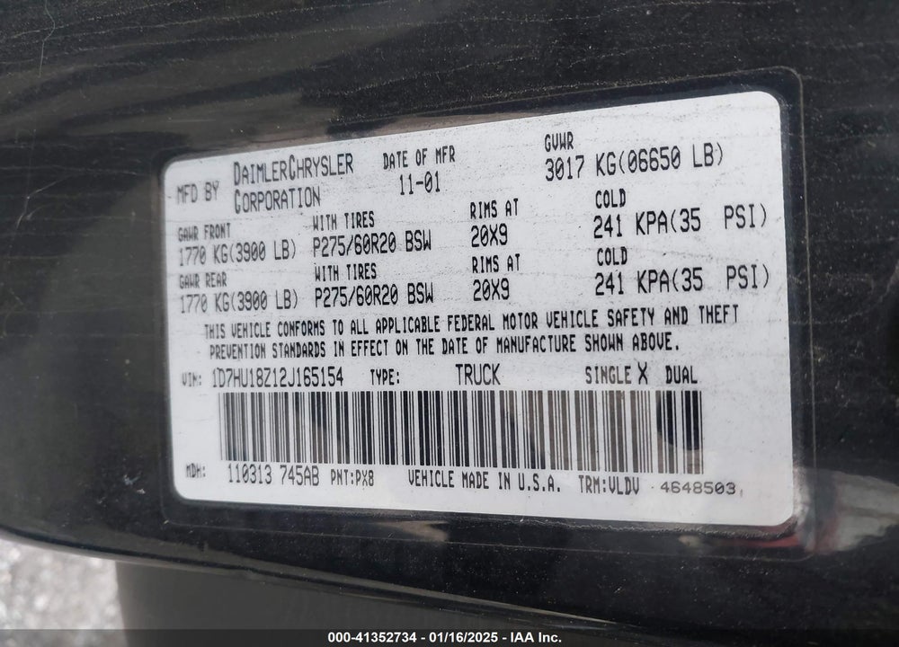 2002 DODGE RAM 1500 ST VIN: 1D7HU18Z12J165154