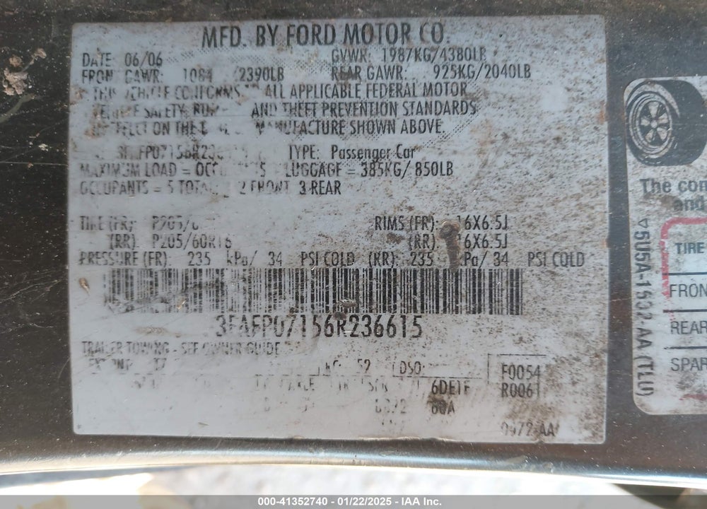 2006 FORD FUSION SE VIN: 3FAFP07156R236615