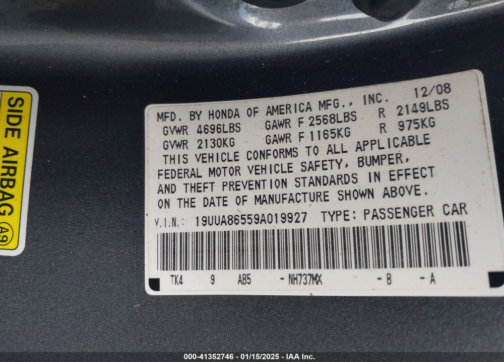 2009 ACURA TL 3.5 VIN: 19UUA86559A019927