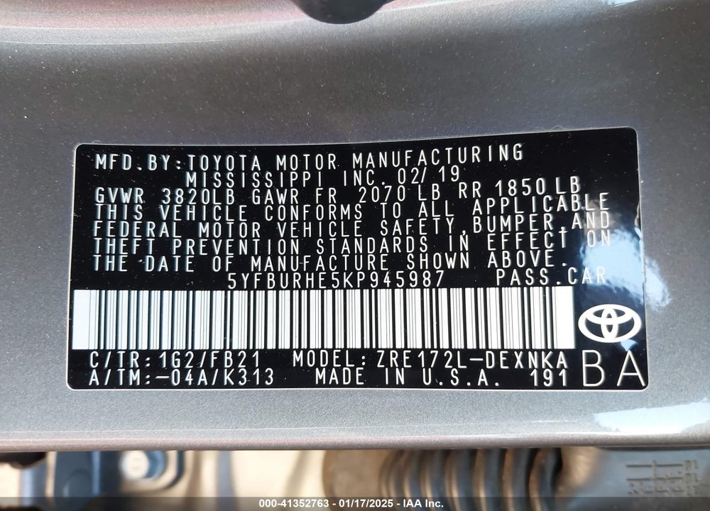 2019 TOYOTA COROLLA LE VIN: 5YFBURHE5KP945987