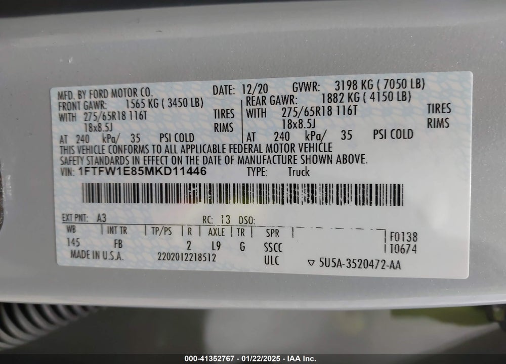 2021 FORD F-150 XLT VIN: 1FTFW1E85MKD11446