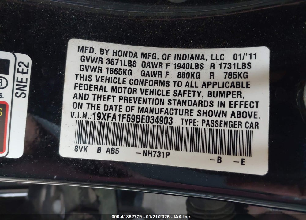 2011 HONDA CIVIC LX VIN: 19XFA1F59BE034903