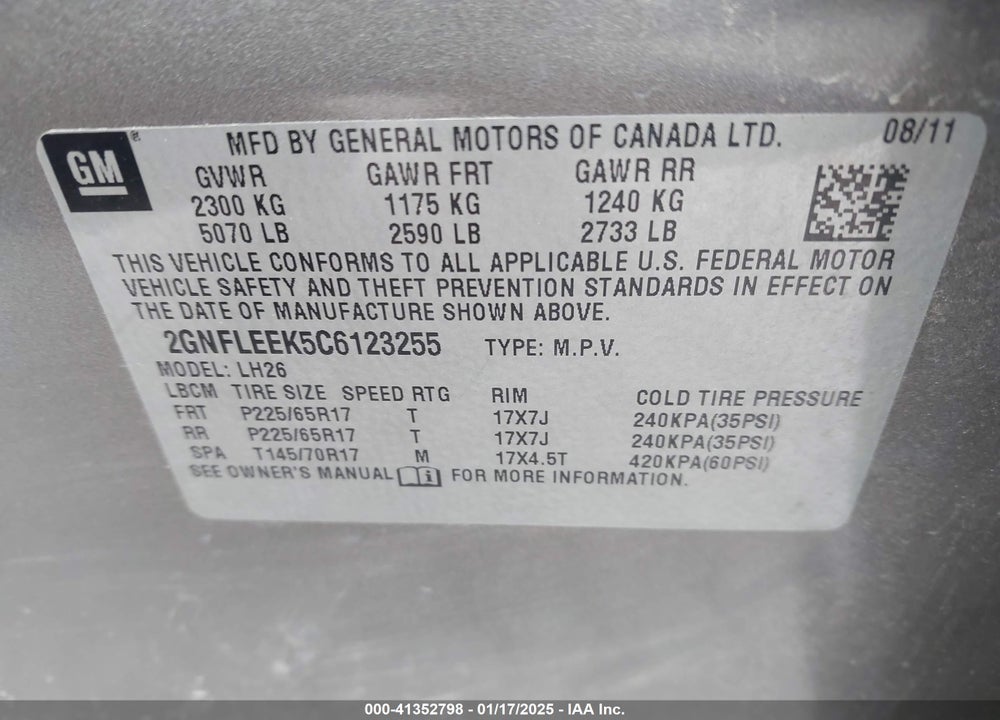 2012 CHEVROLET EQUINOX 1LT VIN: 2GNFLEEK5C6123255