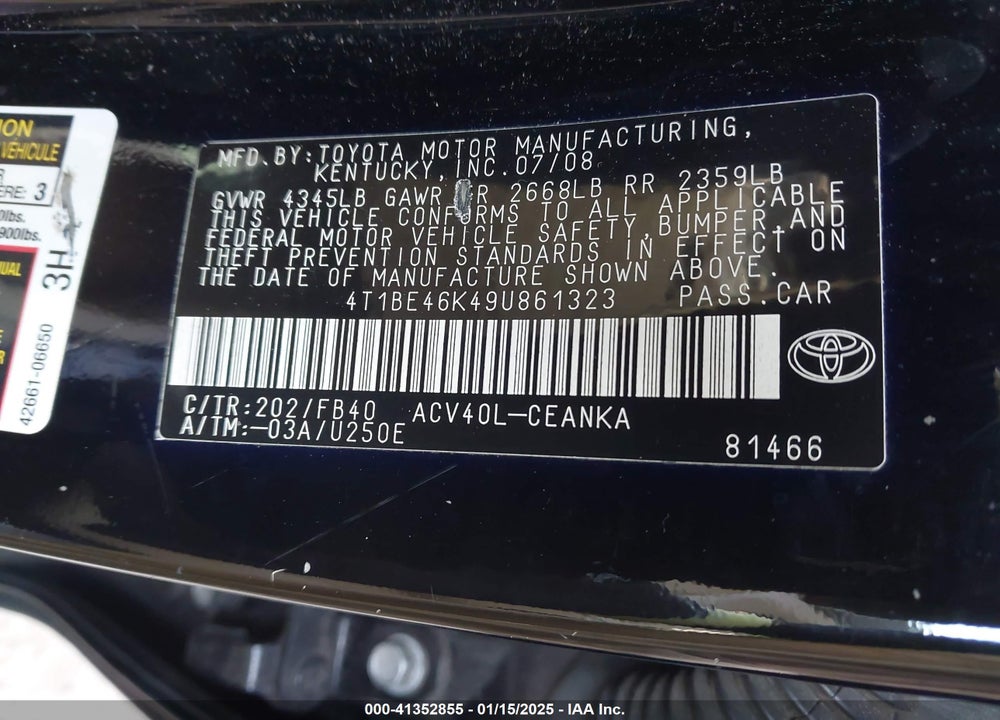 2009 TOYOTA CAMRY VIN: 4T1BE46K49U861323