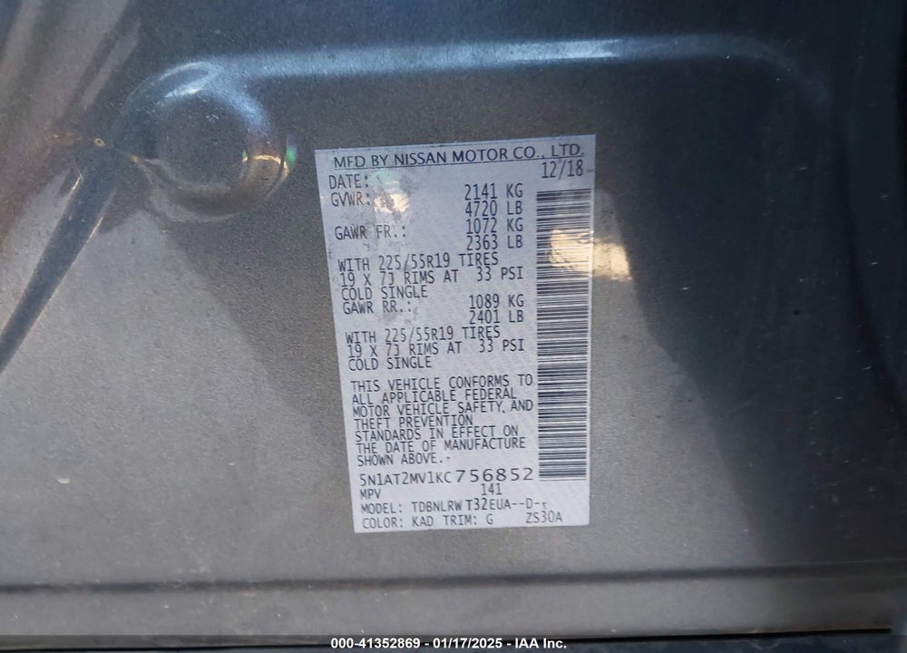 2019 NISSAN ROGUE SL VIN: 5N1AT2MV1KC756852
