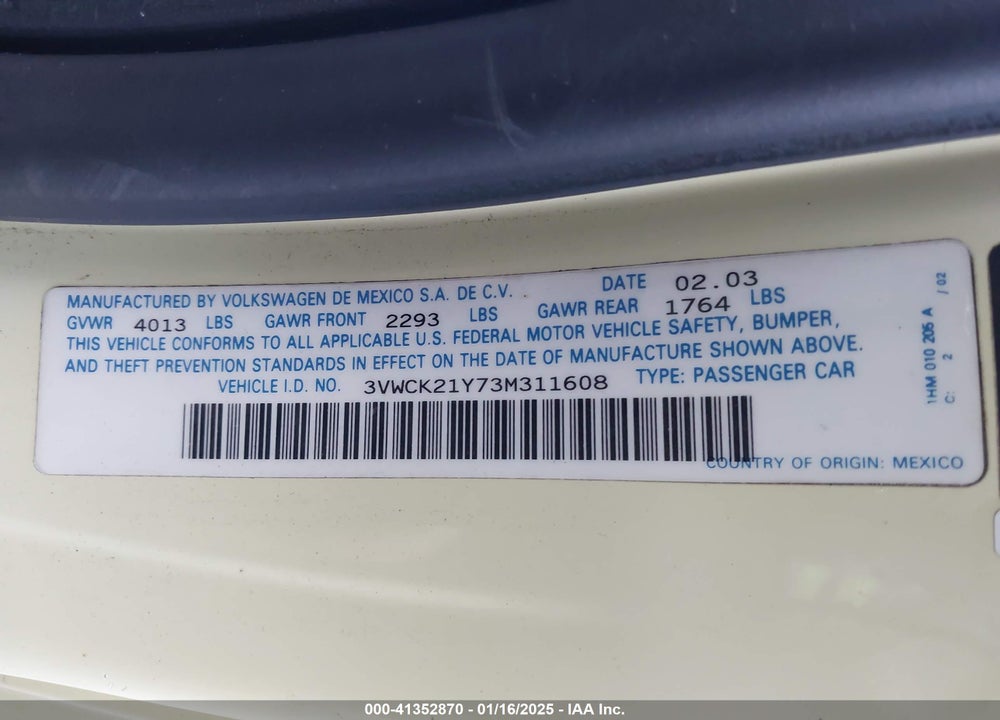 2003 VOLKSWAGEN NEW BEETLE GLS VIN: 3VWCK21Y73M311608