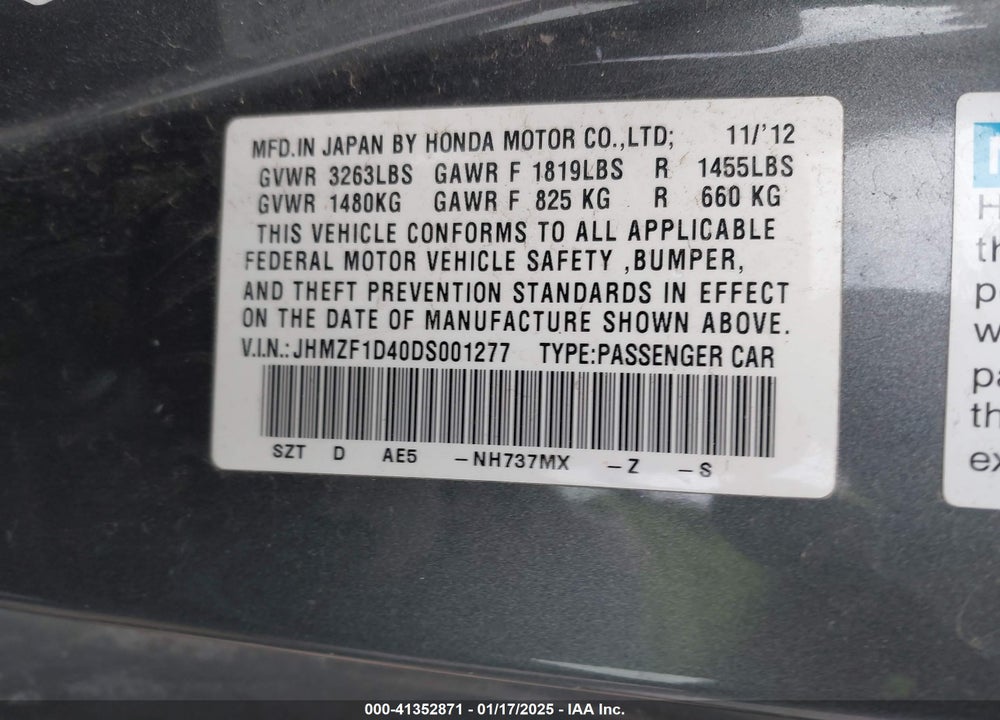 2013 HONDA CR-Z VIN: JHMZF1D40DS001277