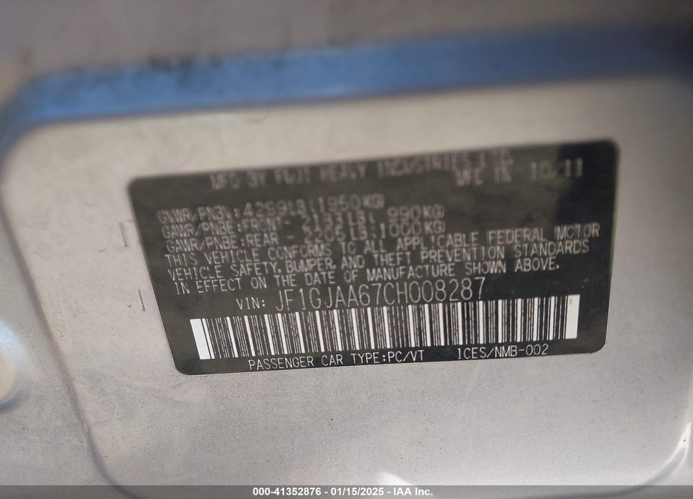 2012 SUBARU IMPREZA VIN: JF1GJAA67CH008287