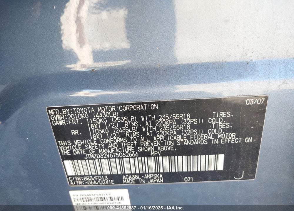 2007 TOYOTA RAV4 SPORT VIN: JTMZD32V675062666