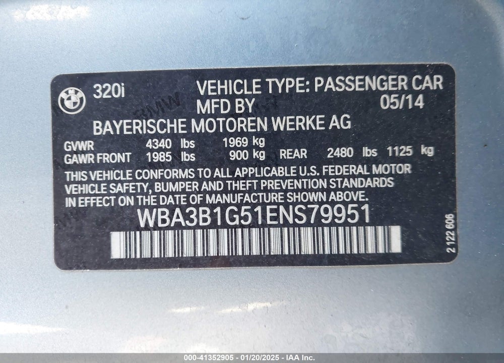 2014 BMW 320I VIN: WBA3B1G51ENS79951