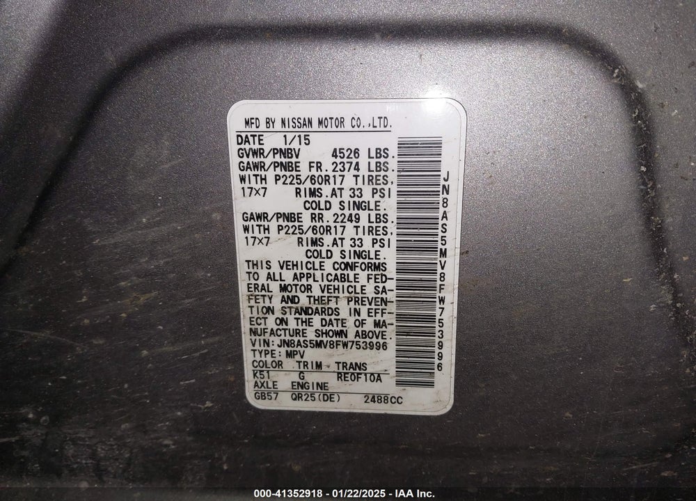 2015 NISSAN ROGUE SELECT S VIN: JN8AS5MV8FW753996
