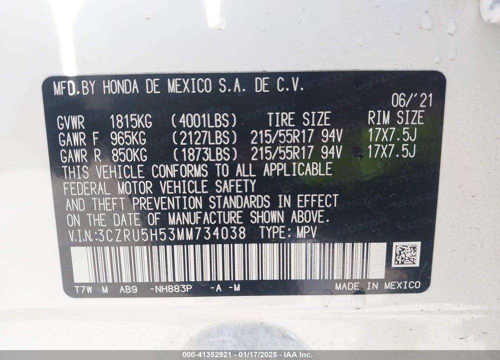 2021 HONDA HR-V 2WD EX VIN: 3CZRU5H53MM734038