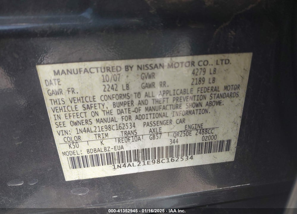 2008 NISSAN ALTIMA 2.5 S VIN: 1N4AL21E98C162534