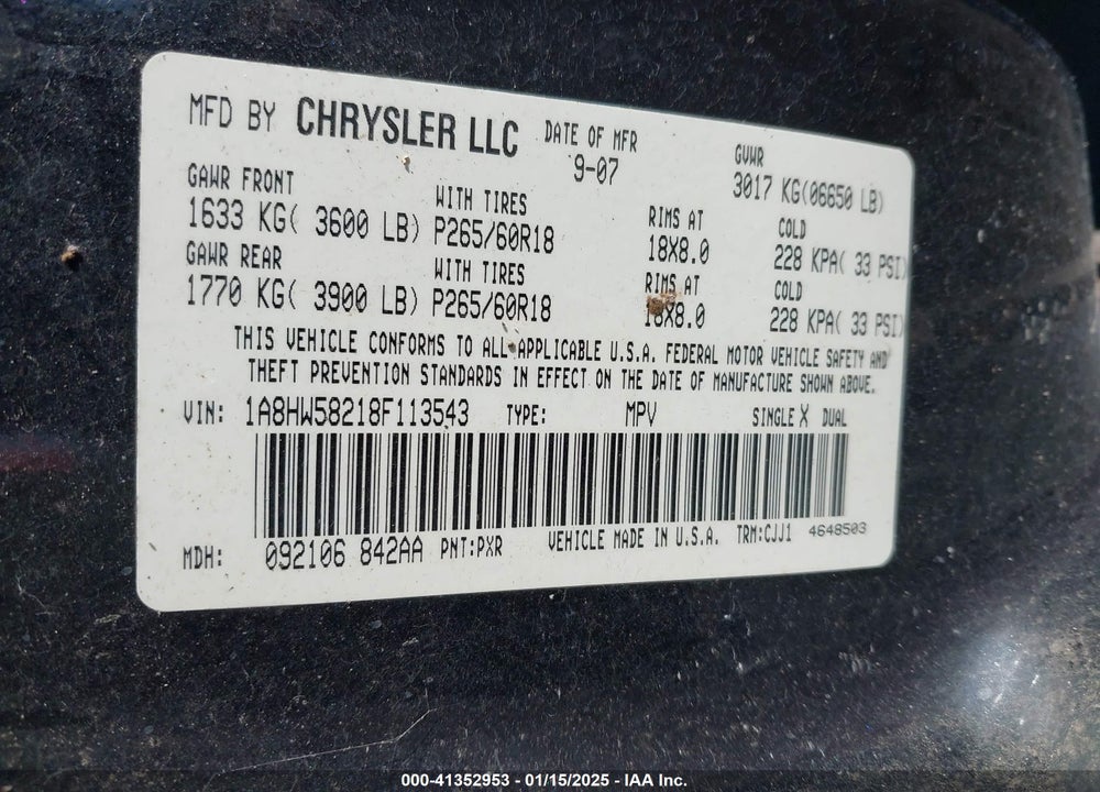 2008 CHRYSLER ASPEN LIMITED VIN: 1A8HW58218F113543