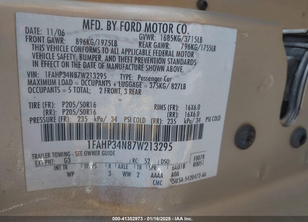 2007 FORD FOCUS S/SE/SES VIN: 1FAHP34N87W213295
