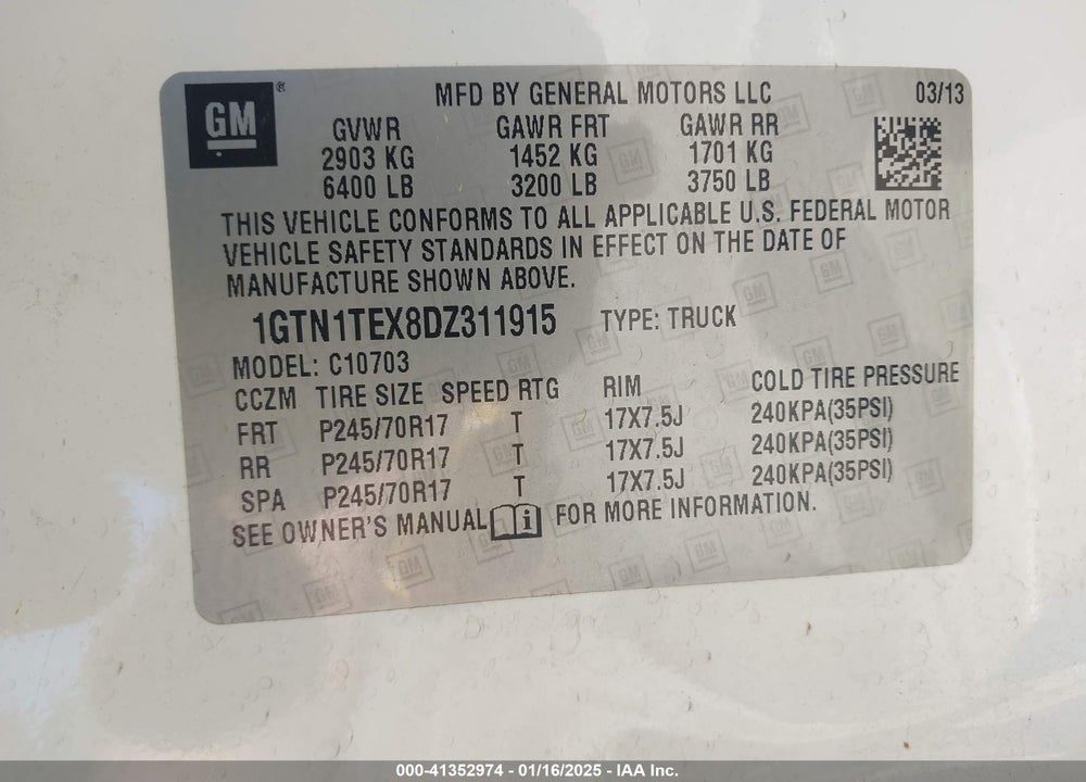 2013 GMC SIERRA 1500 VIN: 1GTN1TEX8DZ311915
