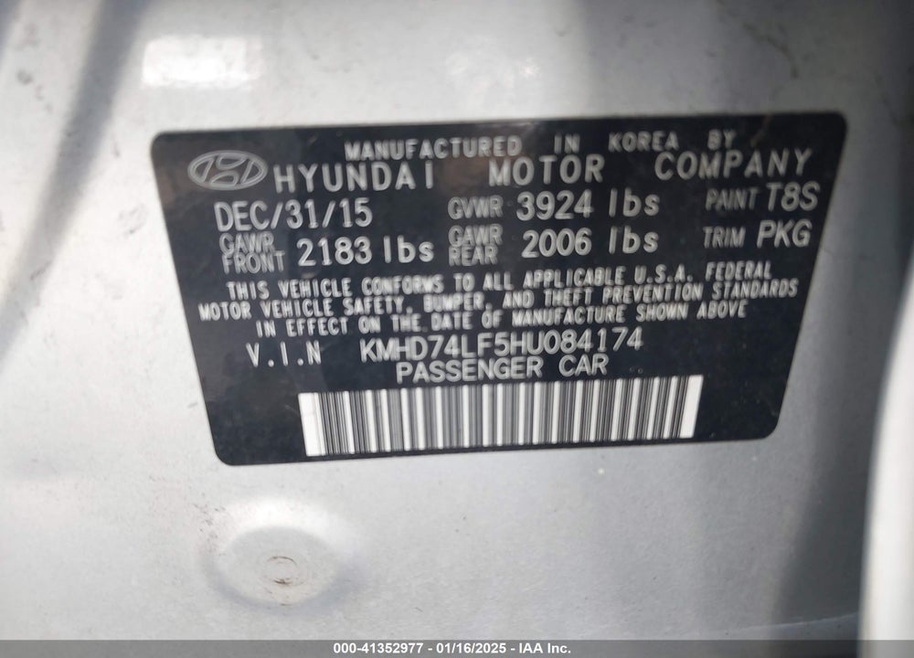 2017 HYUNDAI ELANTRA SE VIN: KMHD74LF5HU084174