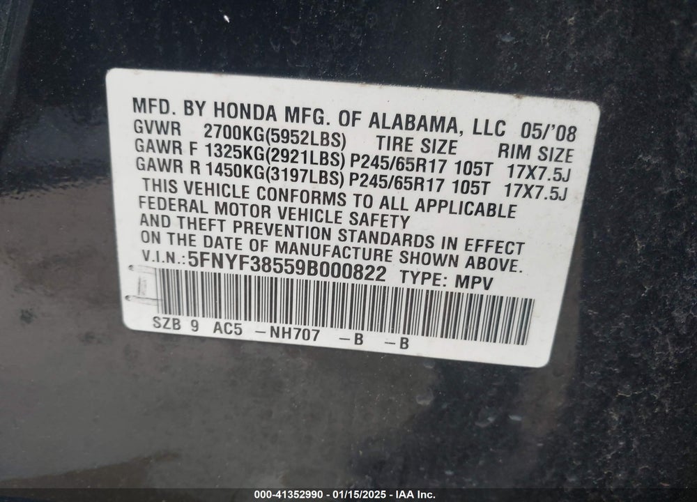 2009 HONDA PILOT EX-L VIN: 5FNYF38559B000822