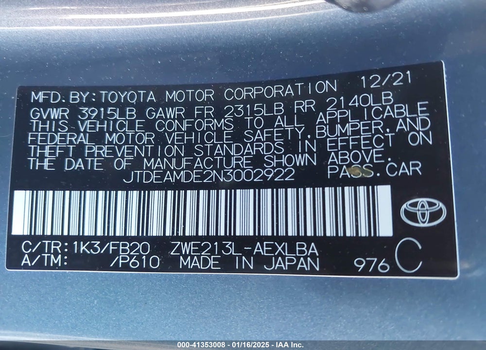 2022 TOYOTA COROLLA VIN: JTDEAMDE2N3002922