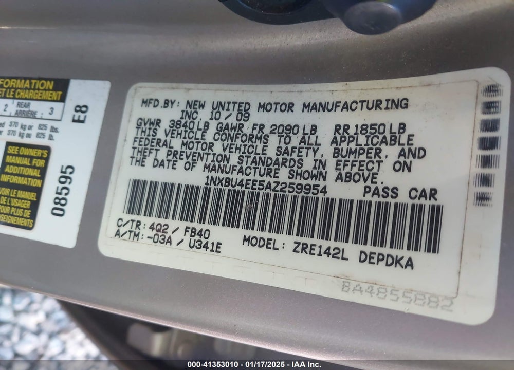 2010 TOYOTA COROLLA VIN: 1NXBU4EE5AZ259954