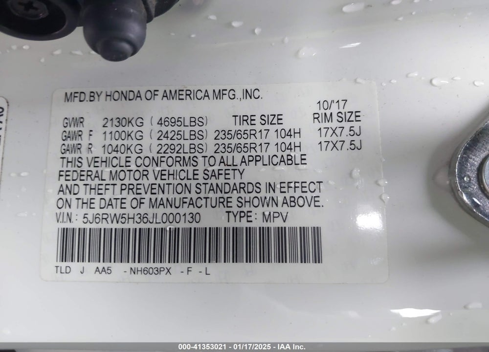 2018 HONDA CR-V VIN: 5J6RW5H36JL000130