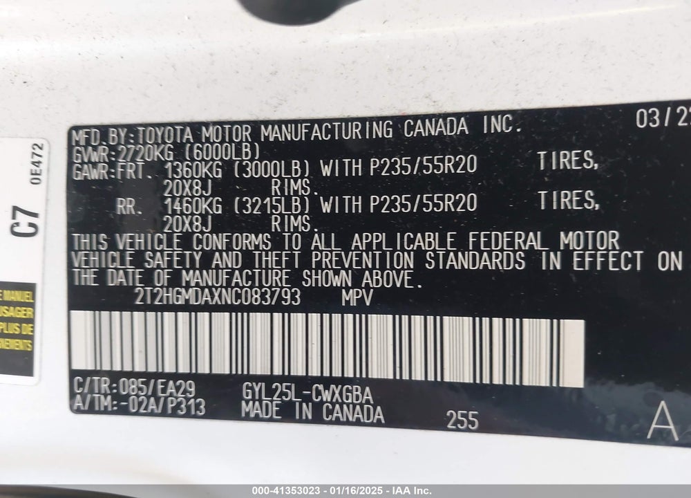 2022 LEXUS RX 450H VIN: 2T2HGMDAXNC083793