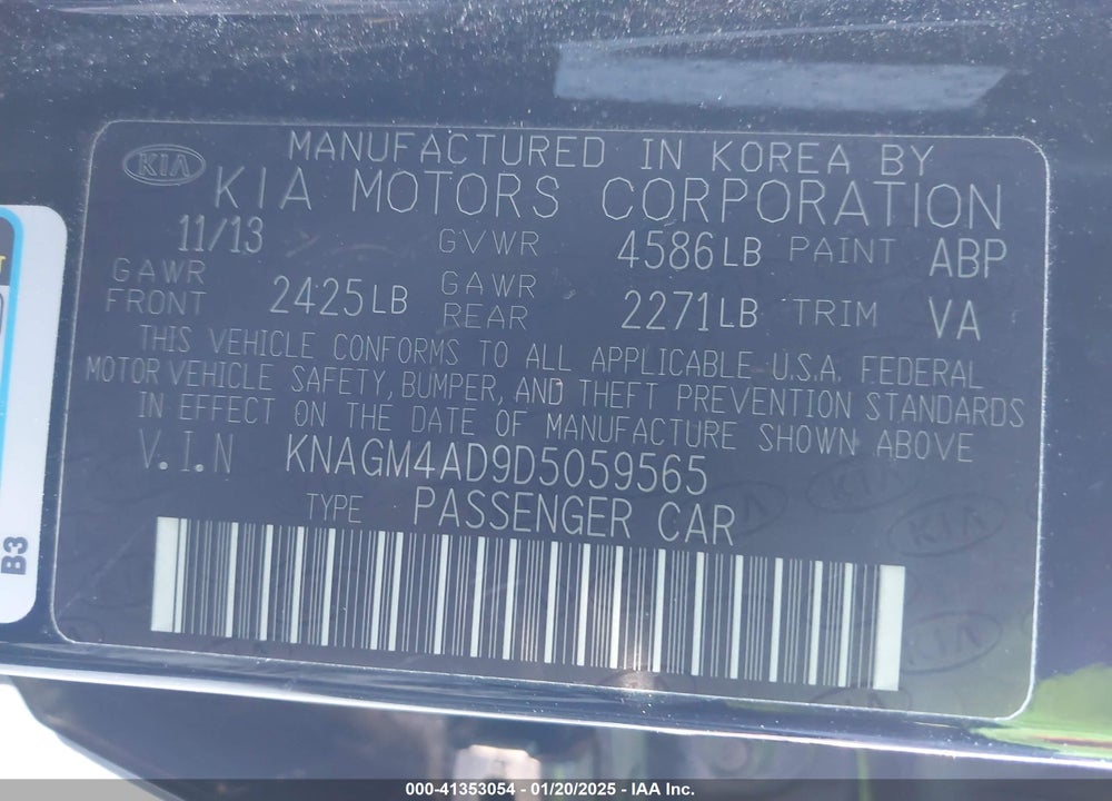 2013 KIA OPTIMA HYBRID VIN: KNAGM4AD9D5059565