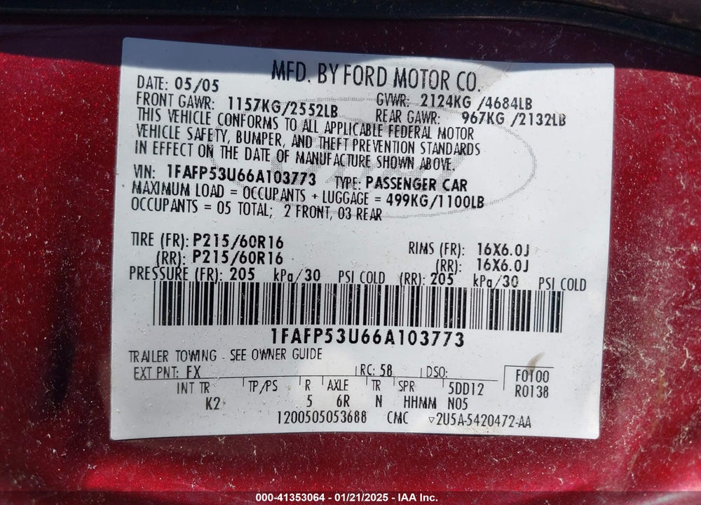 2006 FORD TAURUS VIN: 1FAFP53U66A103773