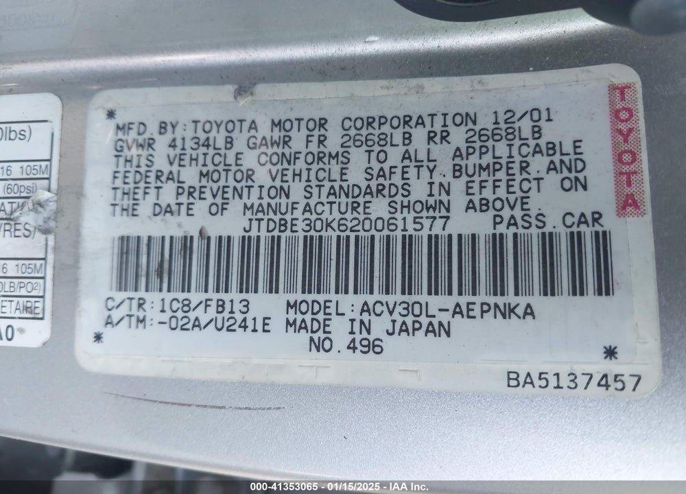 2002 TOYOTA CAMRY LE VIN: JTDBE30K620061577