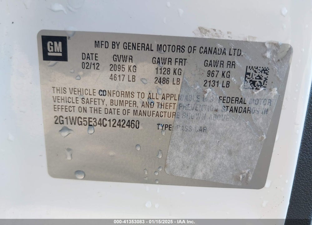 2012 CHEVROLET IMPALA LT FLEET VIN: 2G1WG5E34C1242460