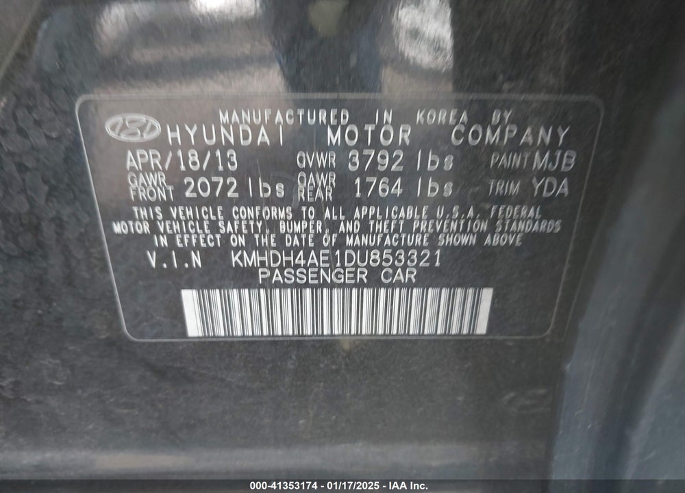 2013 HYUNDAI ELANTRA VIN: KMHDH4AE1DU853321
