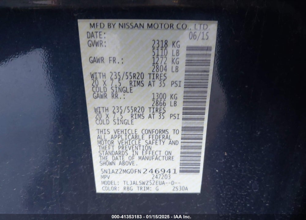 2015 NISSAN MURANO PLATINUM VIN: 5N1AZ2MG0FN246941