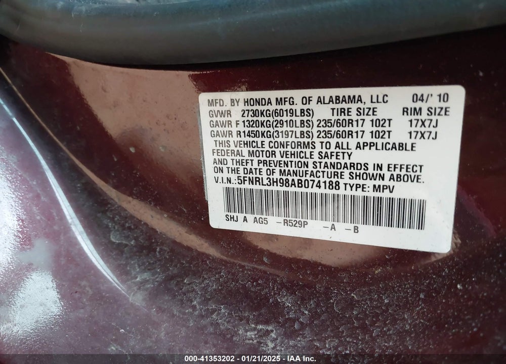 2010 HONDA ODYSSEY TOURING VIN: 5FNRL3H98AB074188