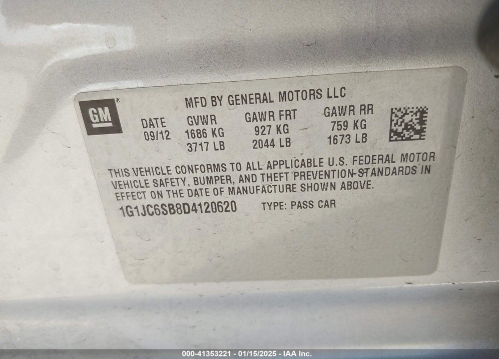 2013 CHEVROLET SONIC VIN: 1G1JC6SB8D4120620