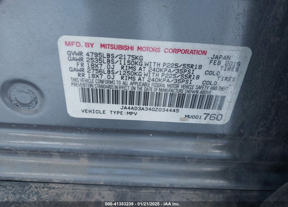 2016 MITSUBISHI OUTLANDER SE VIN: JA4AD3A34GZ034445