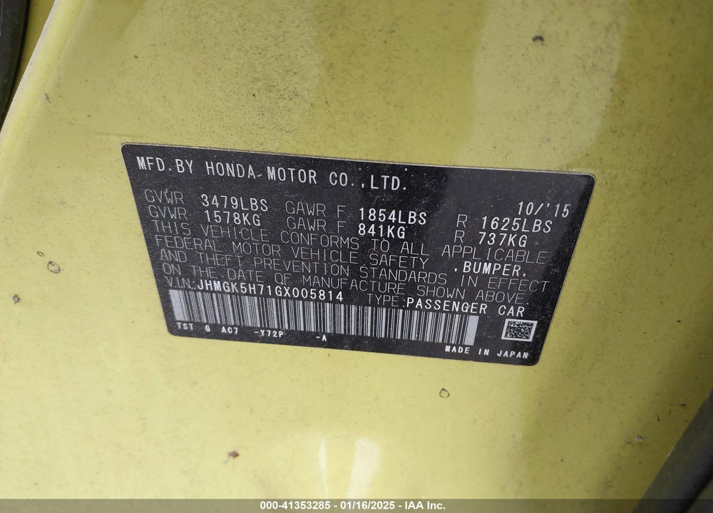 2016 HONDA FIT VIN: JHMGK5H71GX005814