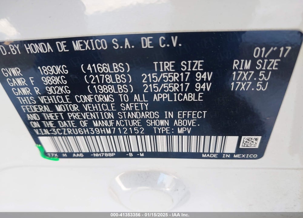 2017 HONDA HR-V LX VIN: 3CZRU6H39HM712152