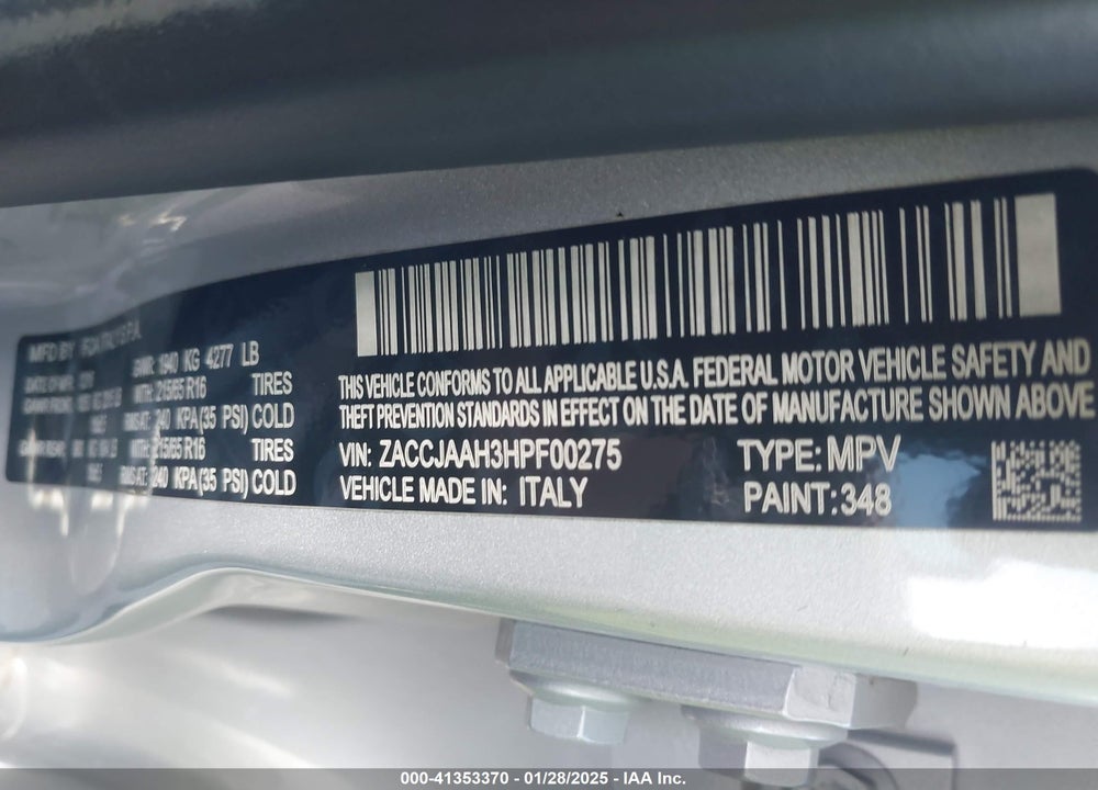2017 JEEP RENEGADE SPORT FWD VIN: ZACCJAAH3HPF00275